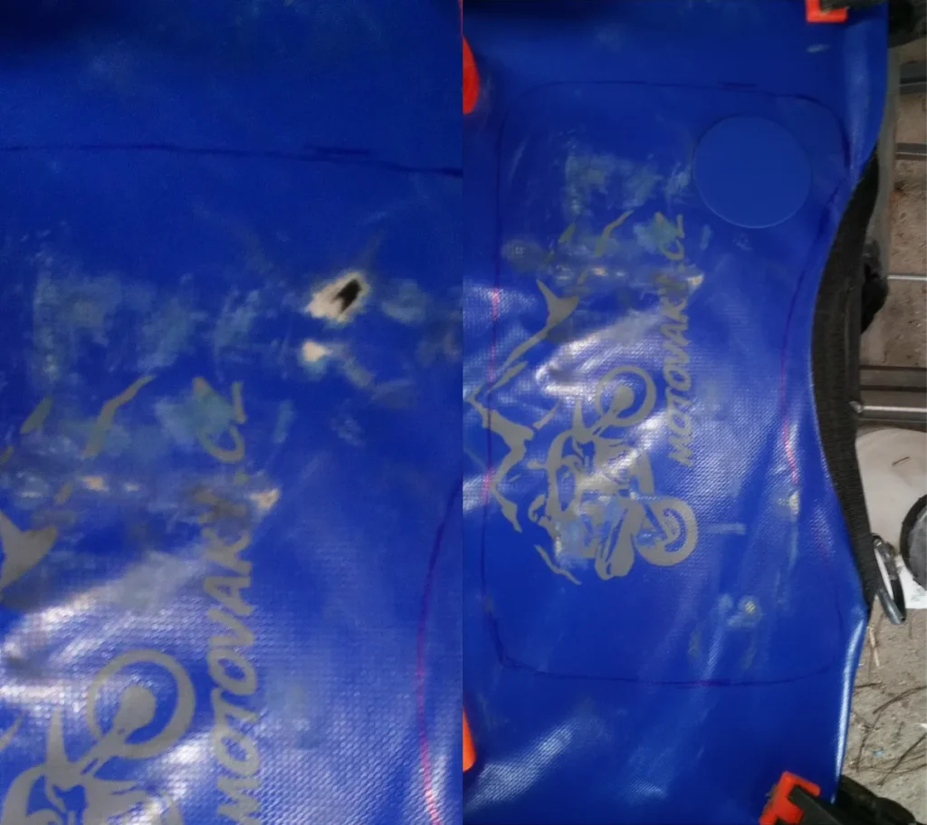 Detail malé vydřené dírky v motovaku o velikosti přibližně 1 cm a její následné opravy. Fotografie ukazuje obnovení pevnosti a funkčnosti materiálu, včetně zachování voděodolnosti. Ukázka demonstruje, že i drobná poškození lze efektivně opravit a prodloužit tak životnost vaku.