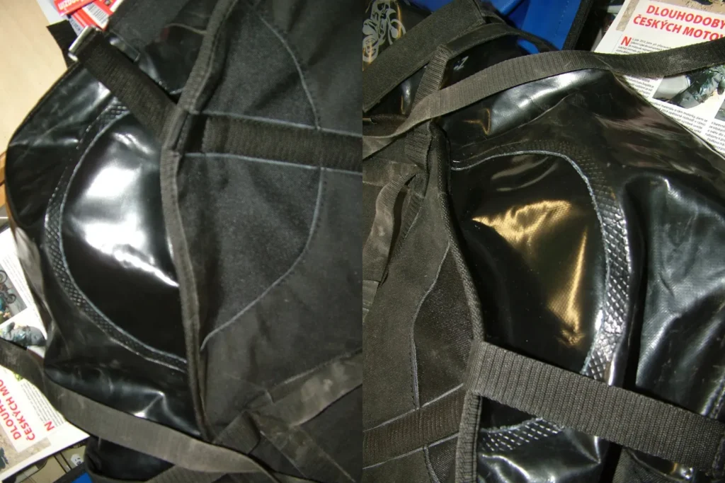 Série dvou fotografií zachycující rozsáhlé poškození sedlového vaku typu podkova způsobené kontaktem s výfukem a jeho následnou opravu. Fotografie ukazují průběh zásahu a obnovu funkčnosti vaku. Ukázka demonstruje odolnost materiálu a možnost profesionální opravy i při větším poškození.