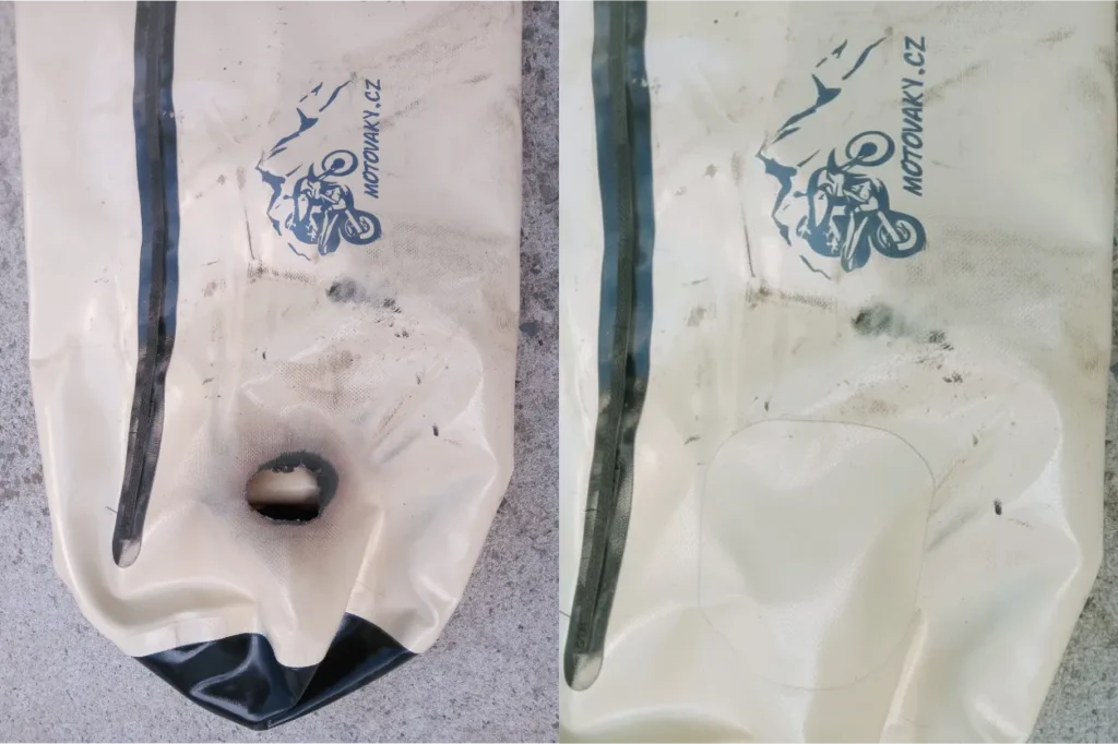 Dvojice fotografií zachycující poškození moto vaku propálením a jeho následnou opravu. Zobrazuje stav před a po zásahu, čímž demonstruje možnost obnovy funkčnosti, pevnosti a voděodolnosti vaku i po tepelném poškození.