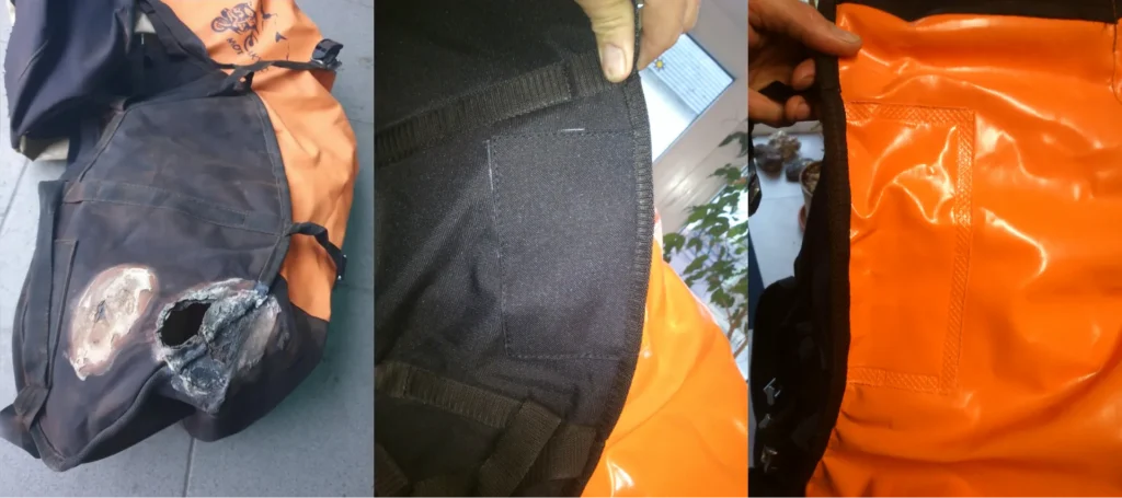 Série tří fotografií zachycující propálený sedlový vak typu podkova v jednotlivých fázích opravy. Zobrazuje stav poškození, průběh opravy a finální výsledek. Ukázka demonstruje možnost renovace vaku a obnovení jeho funkčnosti, pevnosti a voděodolnosti.