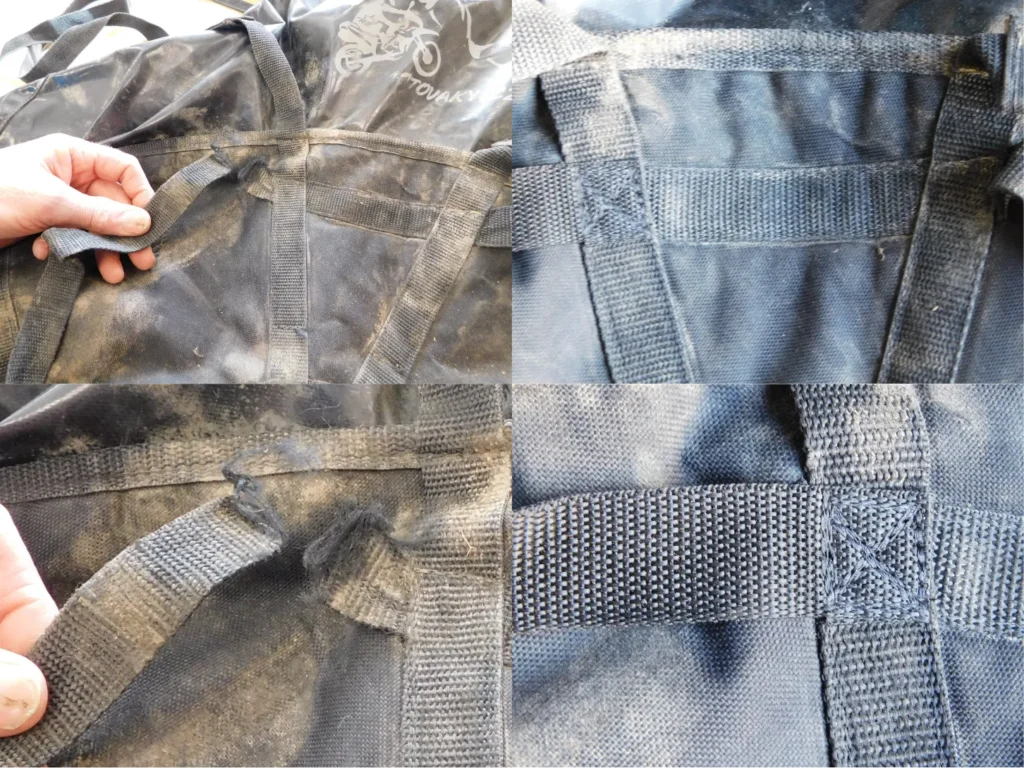 Série tří fotografií spojených do jedné, které zachycují postup opravy utrženého popruhu motocyklového vaku. Zobrazuje stav poškození, průběh opravy a finální výsledek. Ukázka demonstruje možnost obnovy pevnosti a plné funkčnosti vaku pro další bezpečné používání.